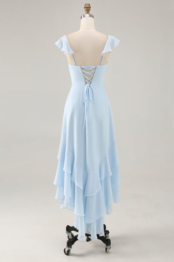 Sky Blue Ruffled Scoop Neck A Line Bridesmaid Dress